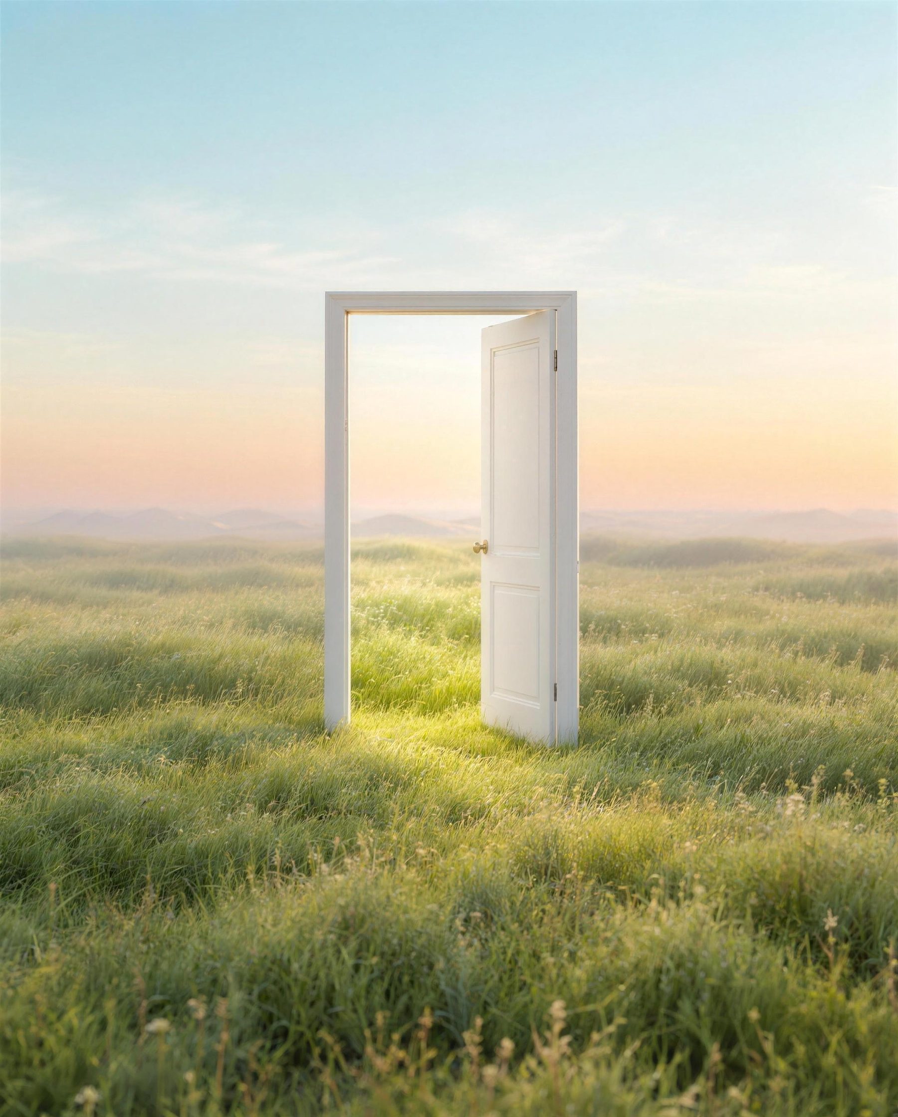 An open white door standing in a meadow